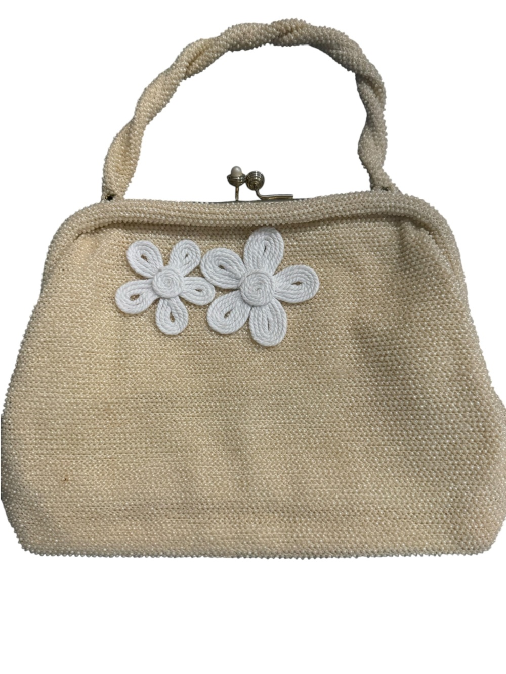 Vintage Pearl Beaded Evening Bag Ivory White Floral Kiss Lock Bridal Purse